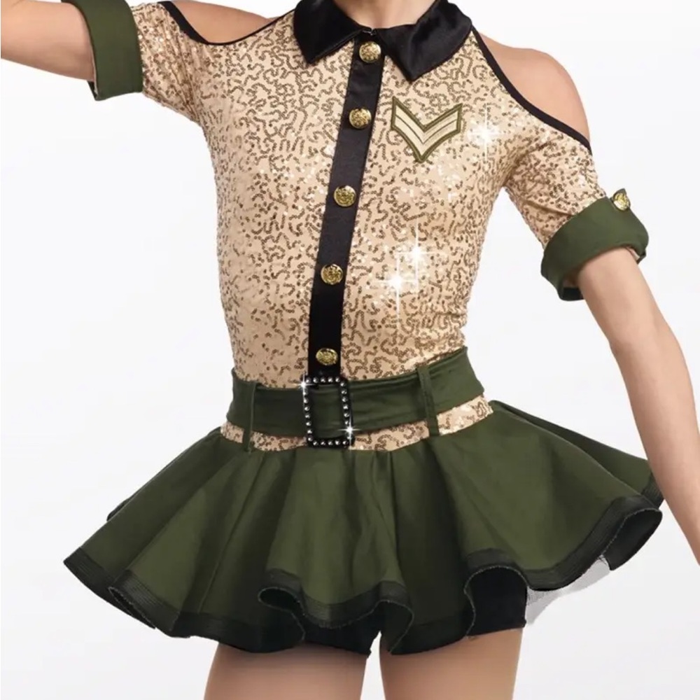 Weissman Gold Sequin and Olive Green Cold-Shoulder Dance Dress